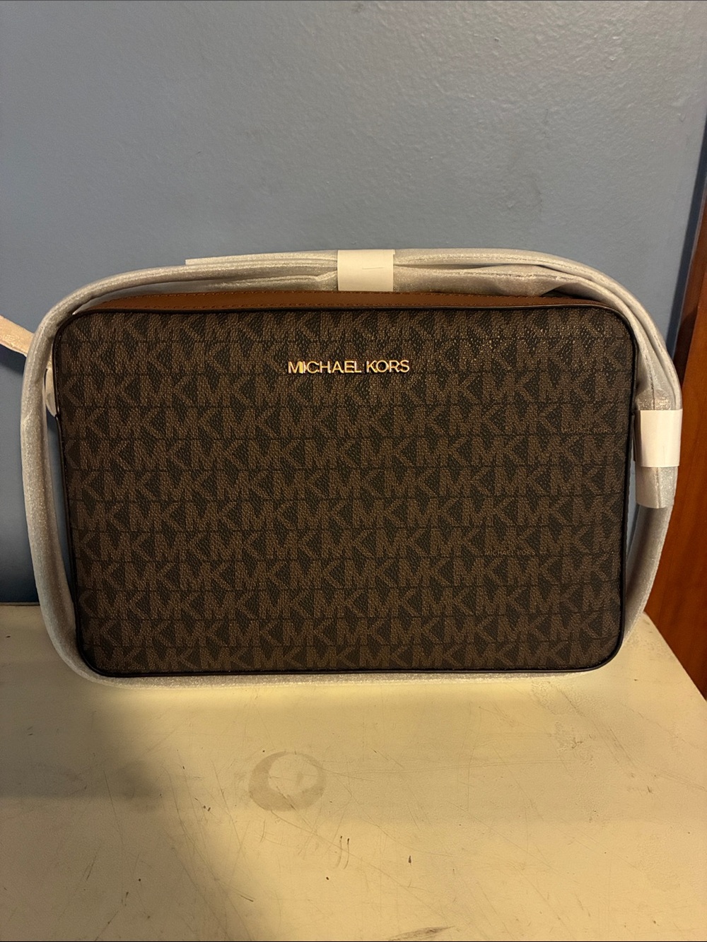 Michael Kors Brown MK Logo Messenger Bag with Gold Accents